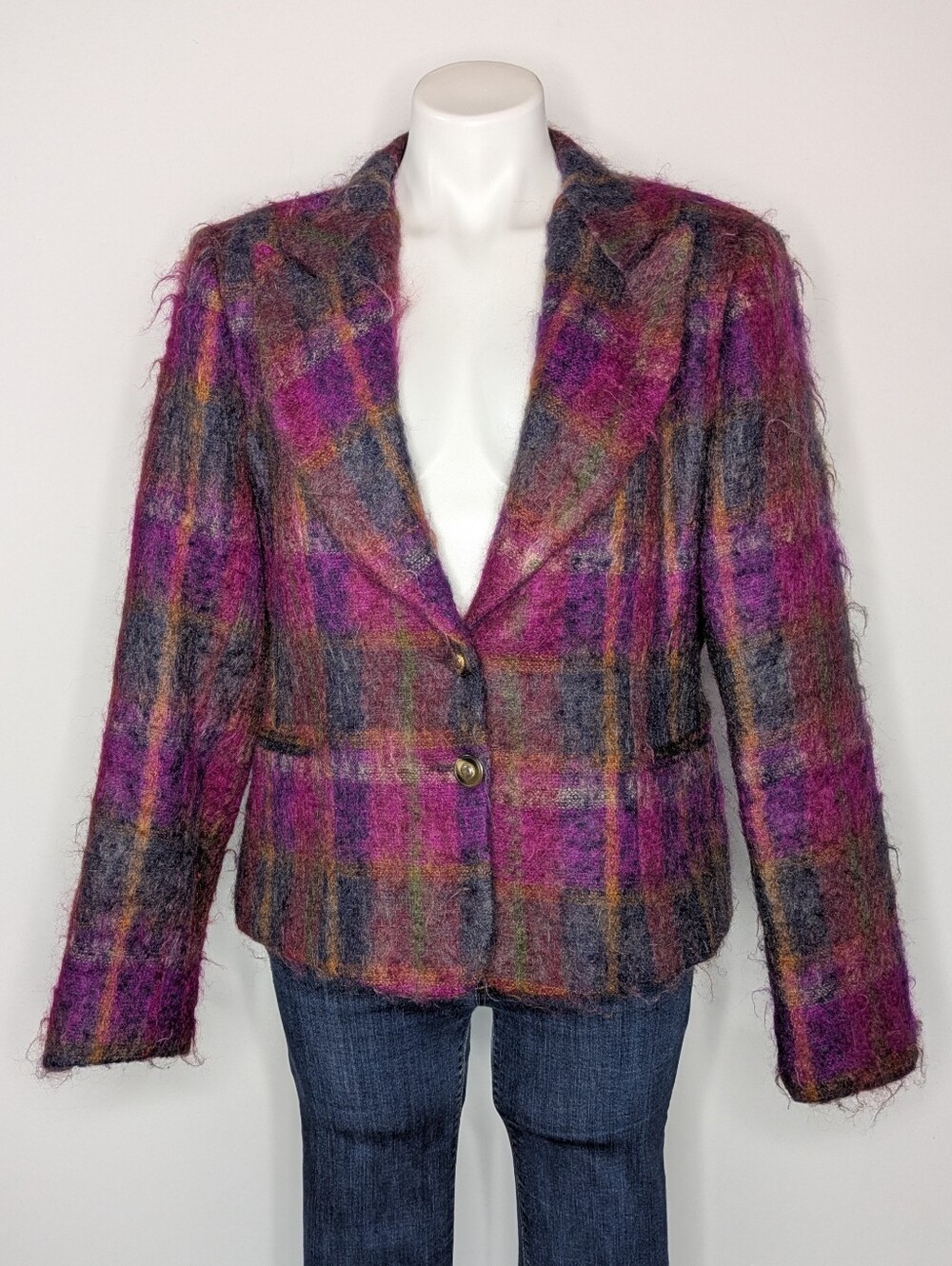 Vintage Gantos Purple Blue Green Plaid Striped Mohair Button Up Jacket 14